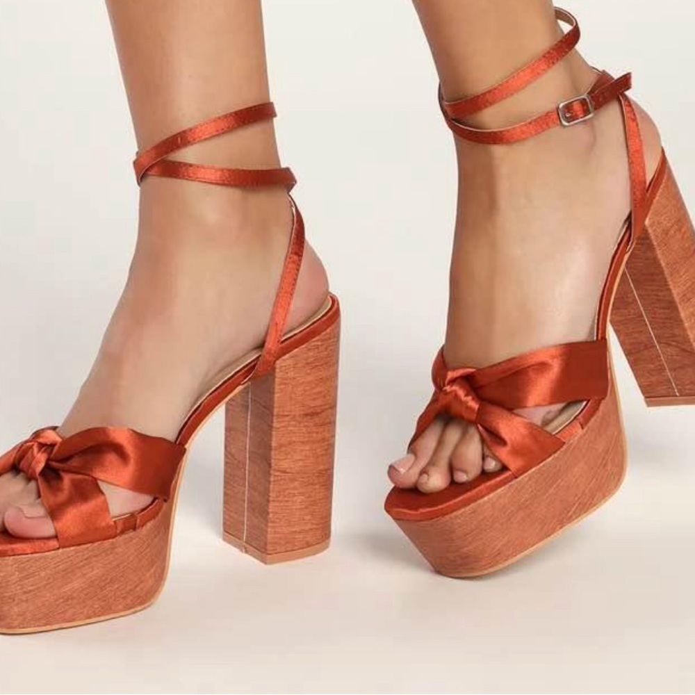 Copper Satin Ankle Strap Wooden Platform Sandals